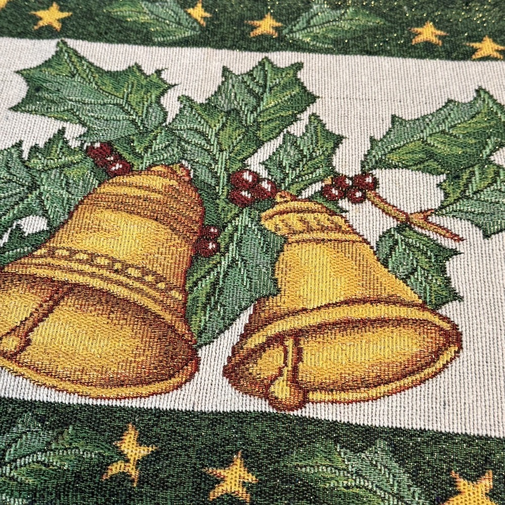 SET OF 4 Tapestry Fabric Christmas Holiday Placemats Bell And Holly 18.5"x12.5"